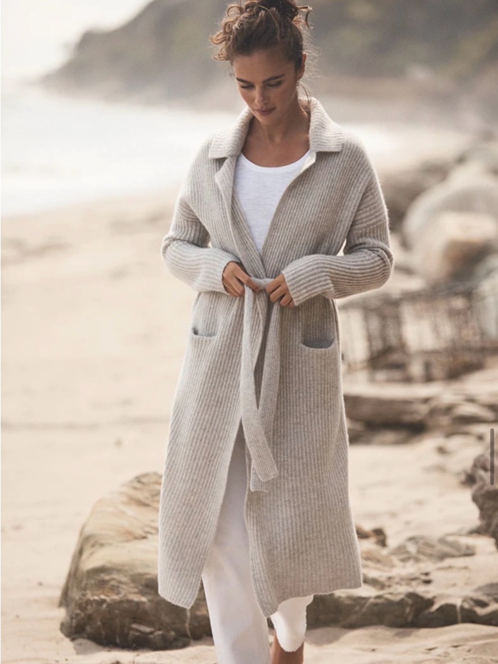 360 Cashmere Skull 100% Cashmere Long Cardigan Women Small Gray Tie Belt Pockets